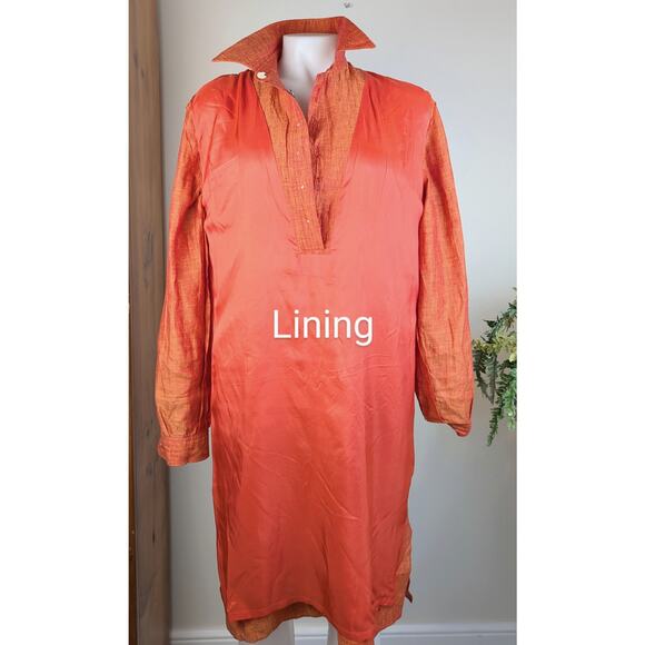 VTG Chetta B Shirt Shift Dress Linen 8 Coral Orange Shimmer Long Sleeve Coastal - Picture 10 of 13
